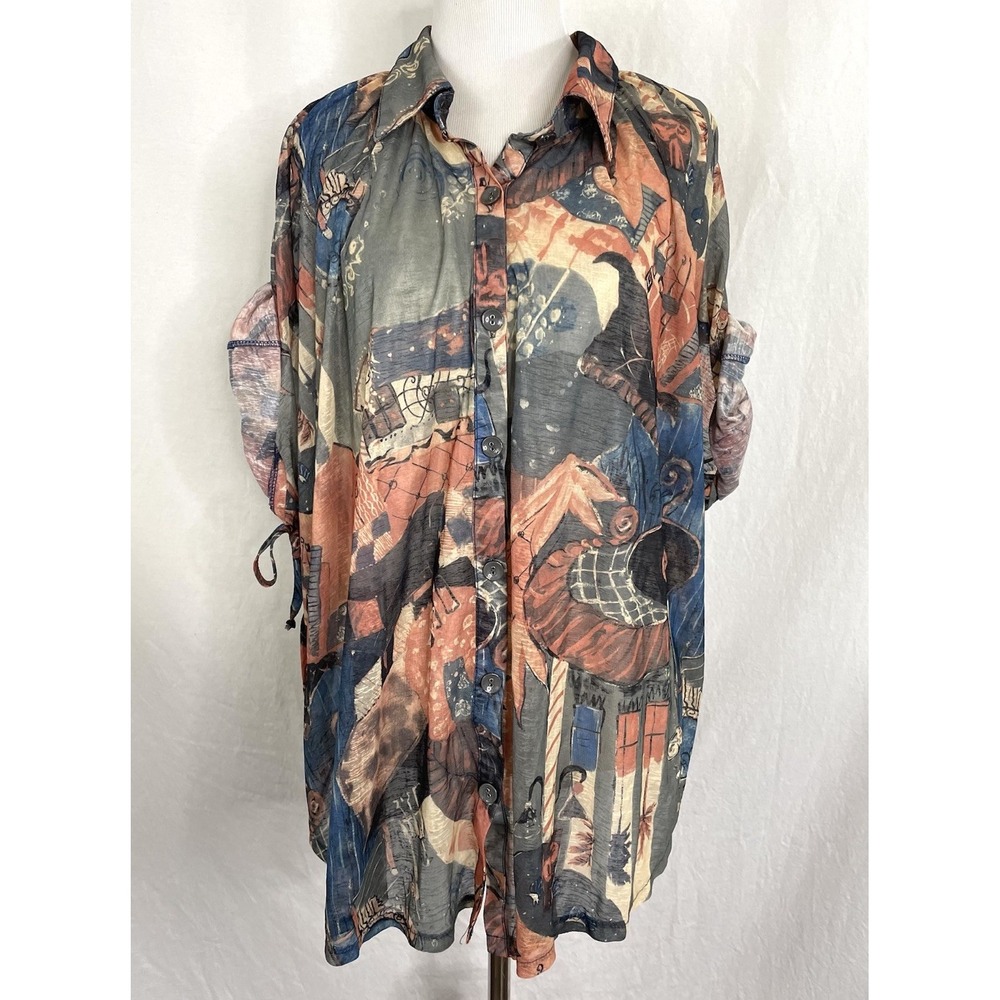 Pretty Angel Tunic Top Womens Small S Boho Shirt Drawstring Roll-Tab Sleeve
